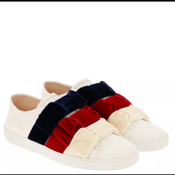 Gucci Shoes - New Gucci Leather Red/White/Blue Velvet-Bow Detailed Sneakers size 37EU 7US